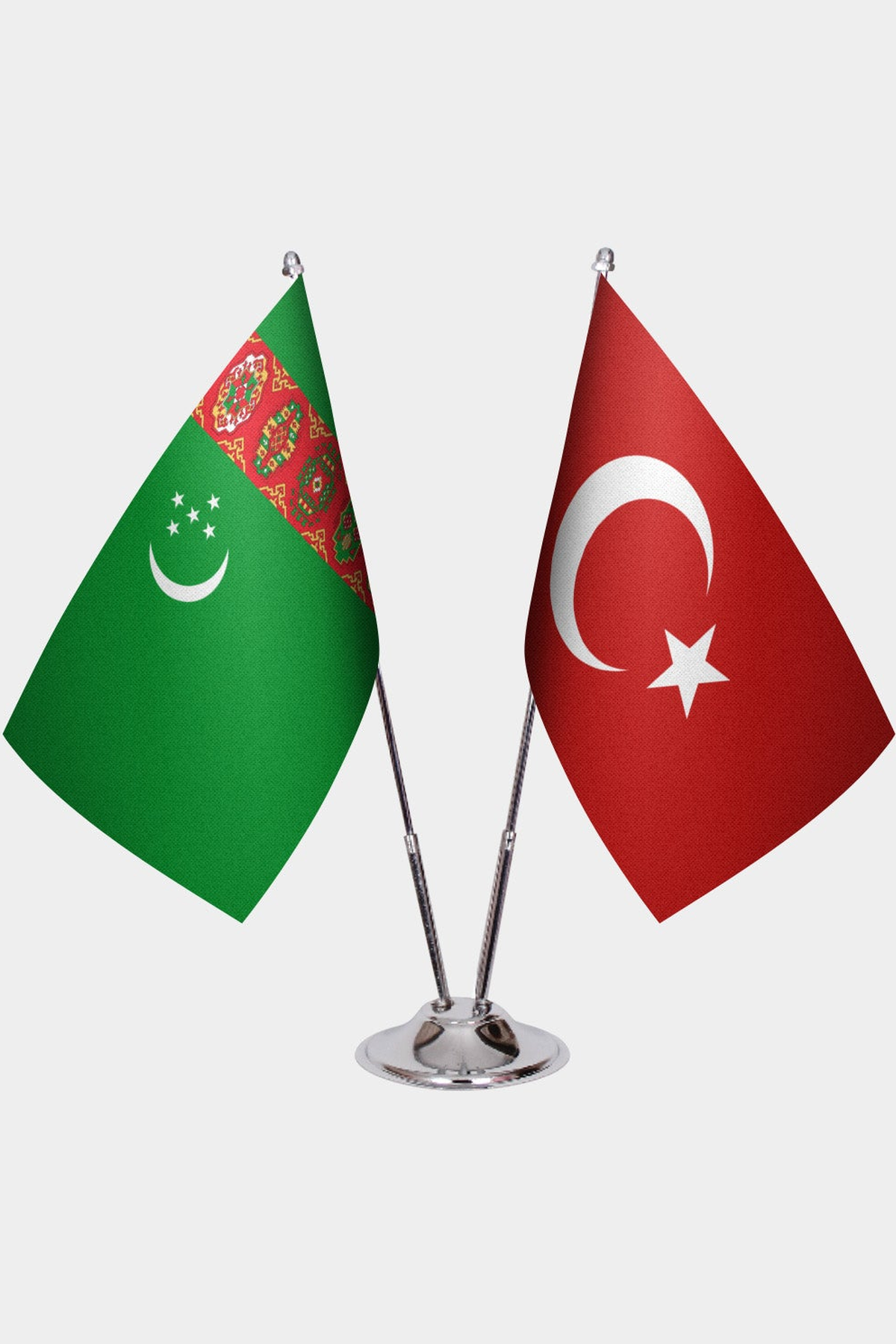 Turkmenistan and Türkiye dual desk flag set with chrome silver pedestal, satin office table flag