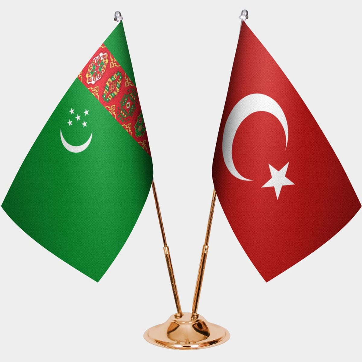 Turkmenistan and Türkiye dual desk flag set with gold pedestal, satin office table flag