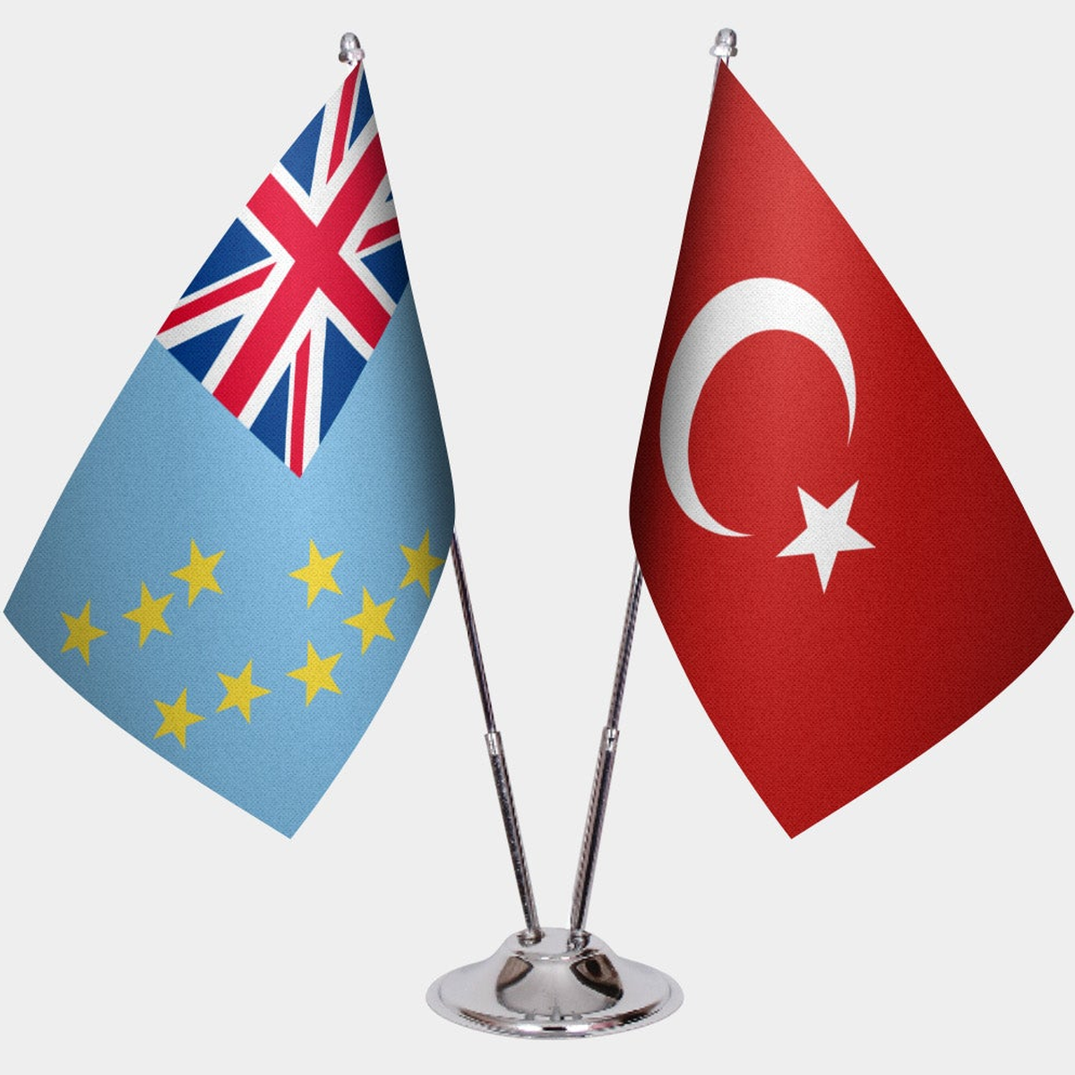 Tuvalu and Türkiye dual desk flag set with chrome silver pedestal, satin office table flag