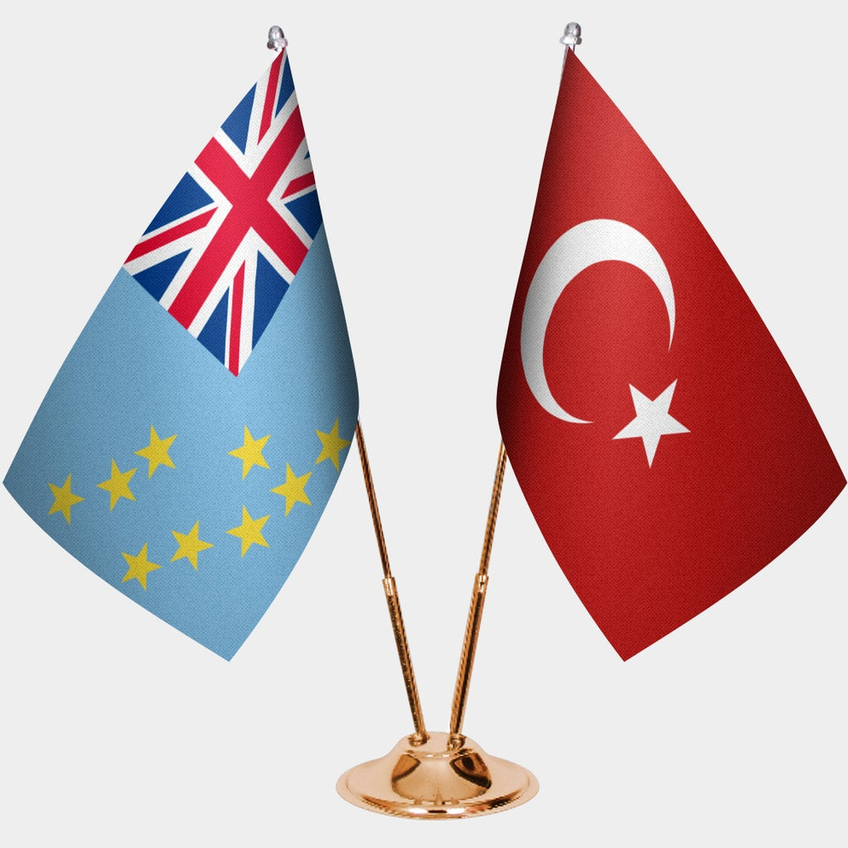 Tuvalu and Türkiye dual desk flag set with gold pedestal, satin office table flag