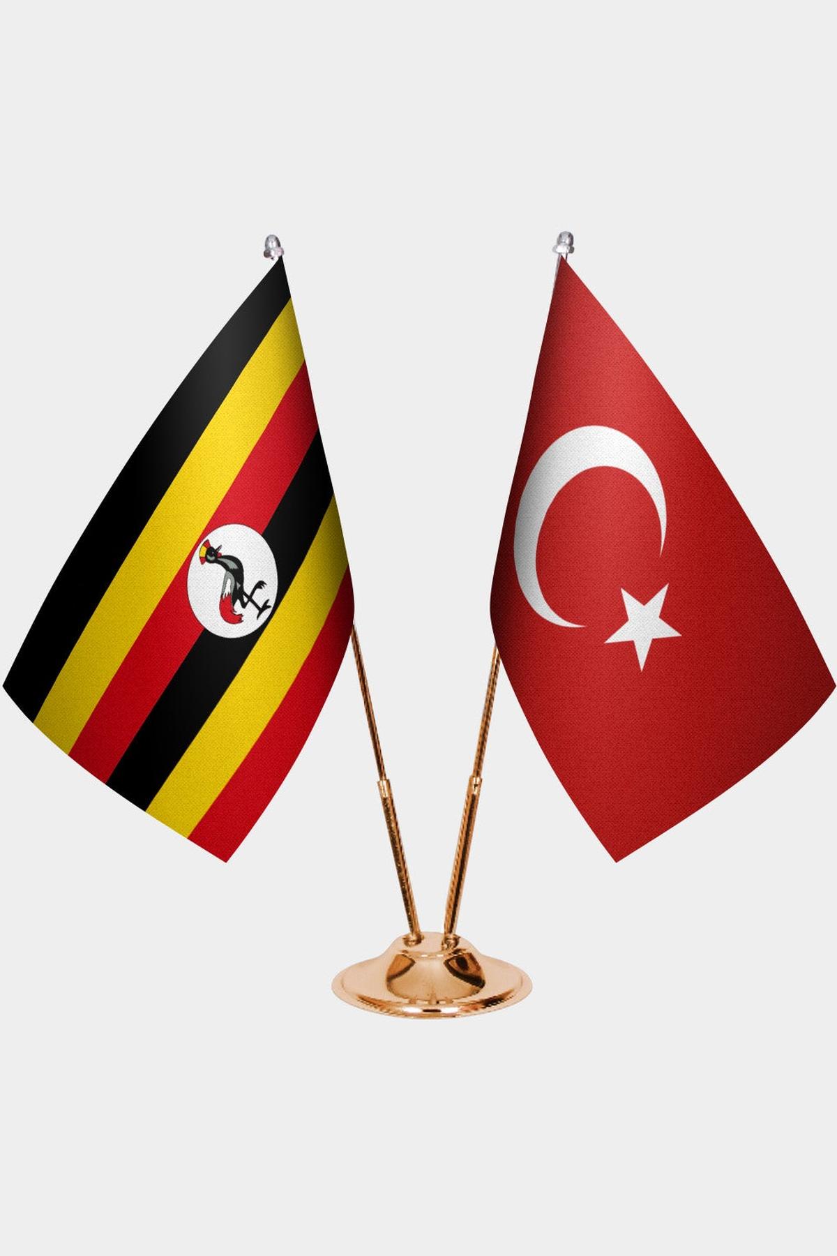 Uganda and Türkiye dual desk flag set with gold pedestal, satin office table flag