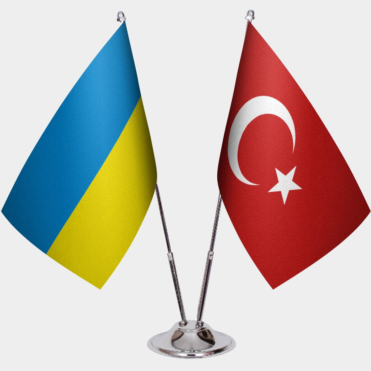 Ukraine and Türkiye dual desk flag set with chrome silver pedestal, satin office table flag