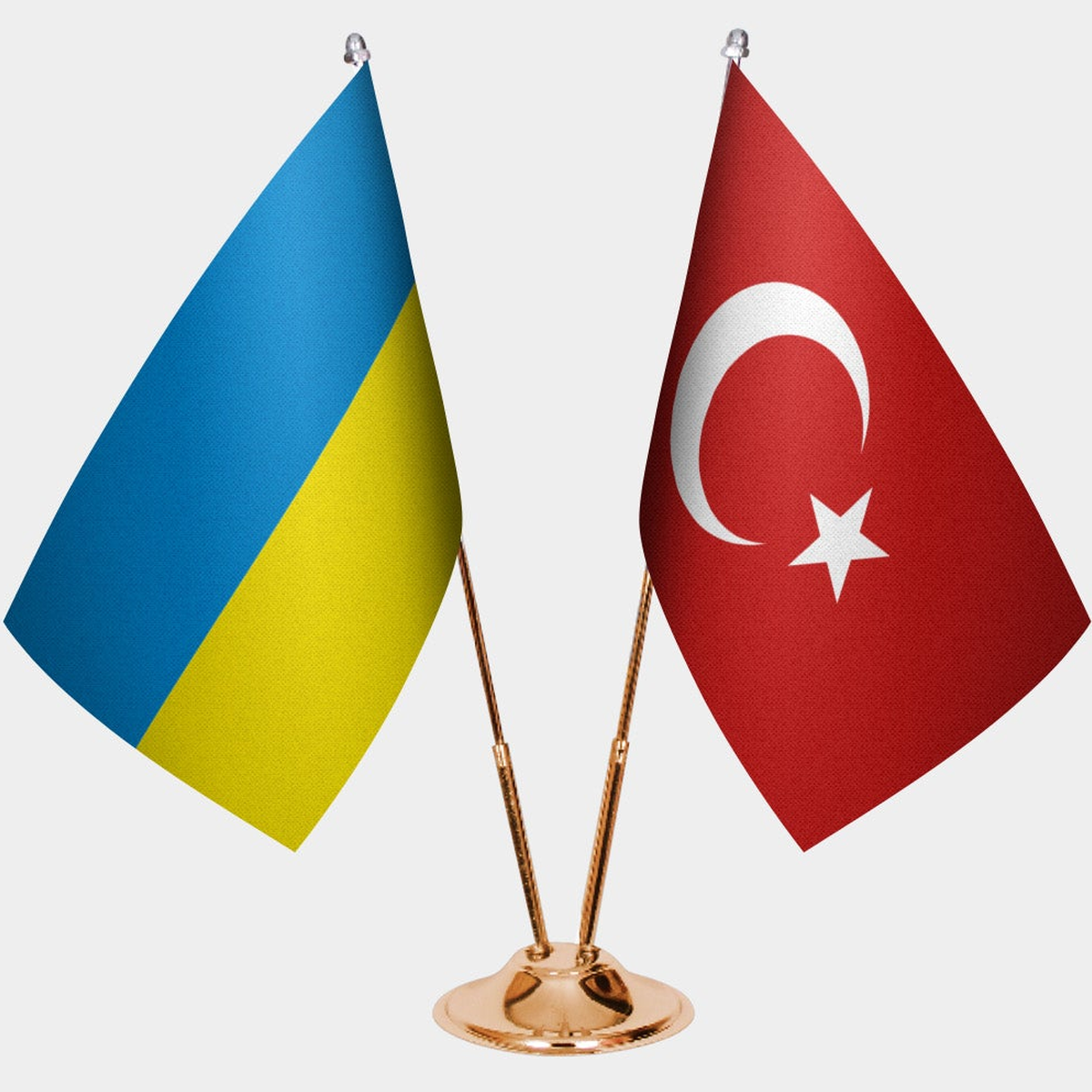 Ukraine and Türkiye dual desk flag set with gold pedestal, satin office table flag