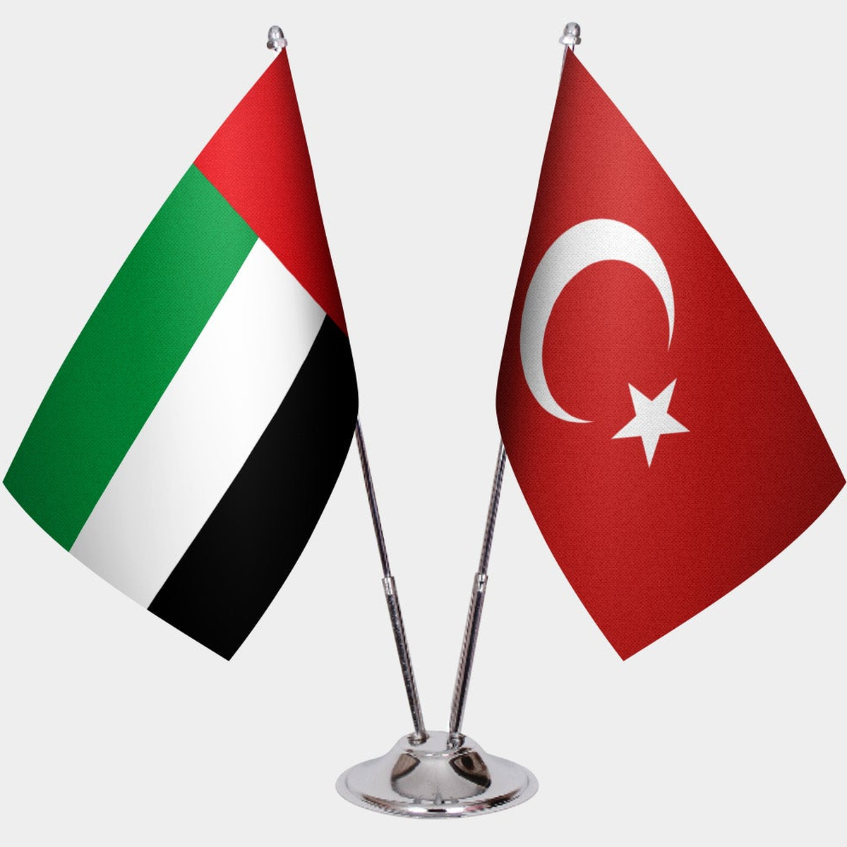 United Arab Emirates and Türkiye dual desk flag set with chrome silver pedestal, satin office table flag