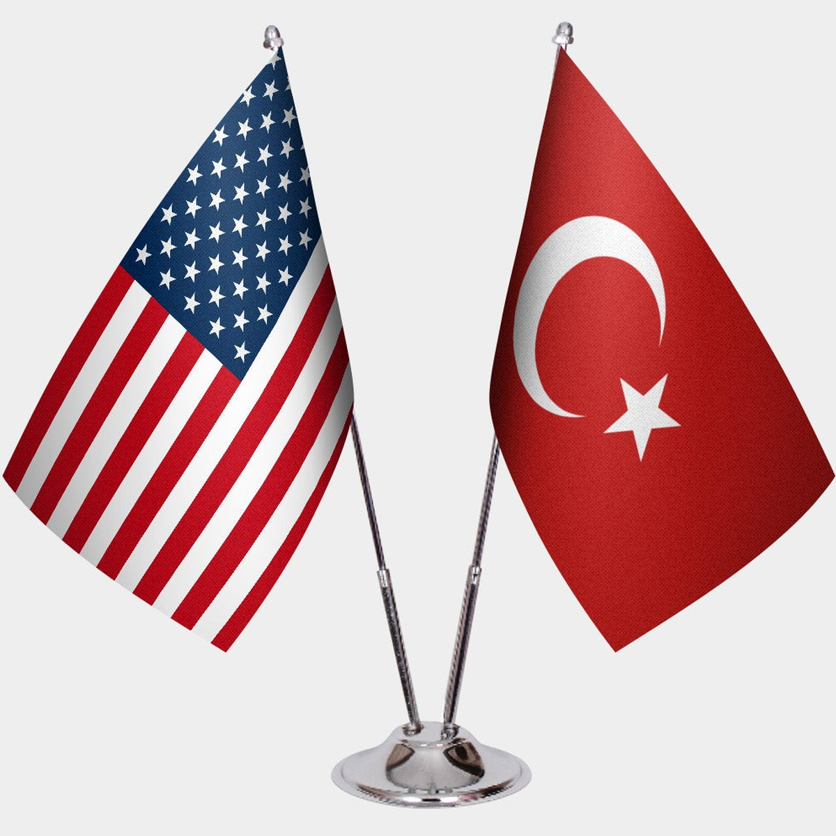 United States and Türkiye dual desk flag set with chrome silver pedestal, satin office table flag