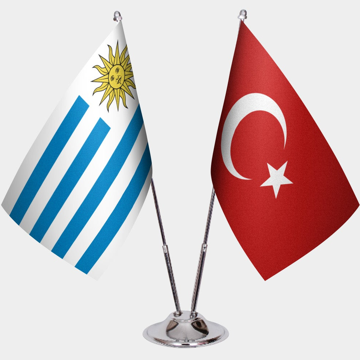 Uruguay and Türkiye dual desk flag set with chrome silver pedestal, satin office table flag