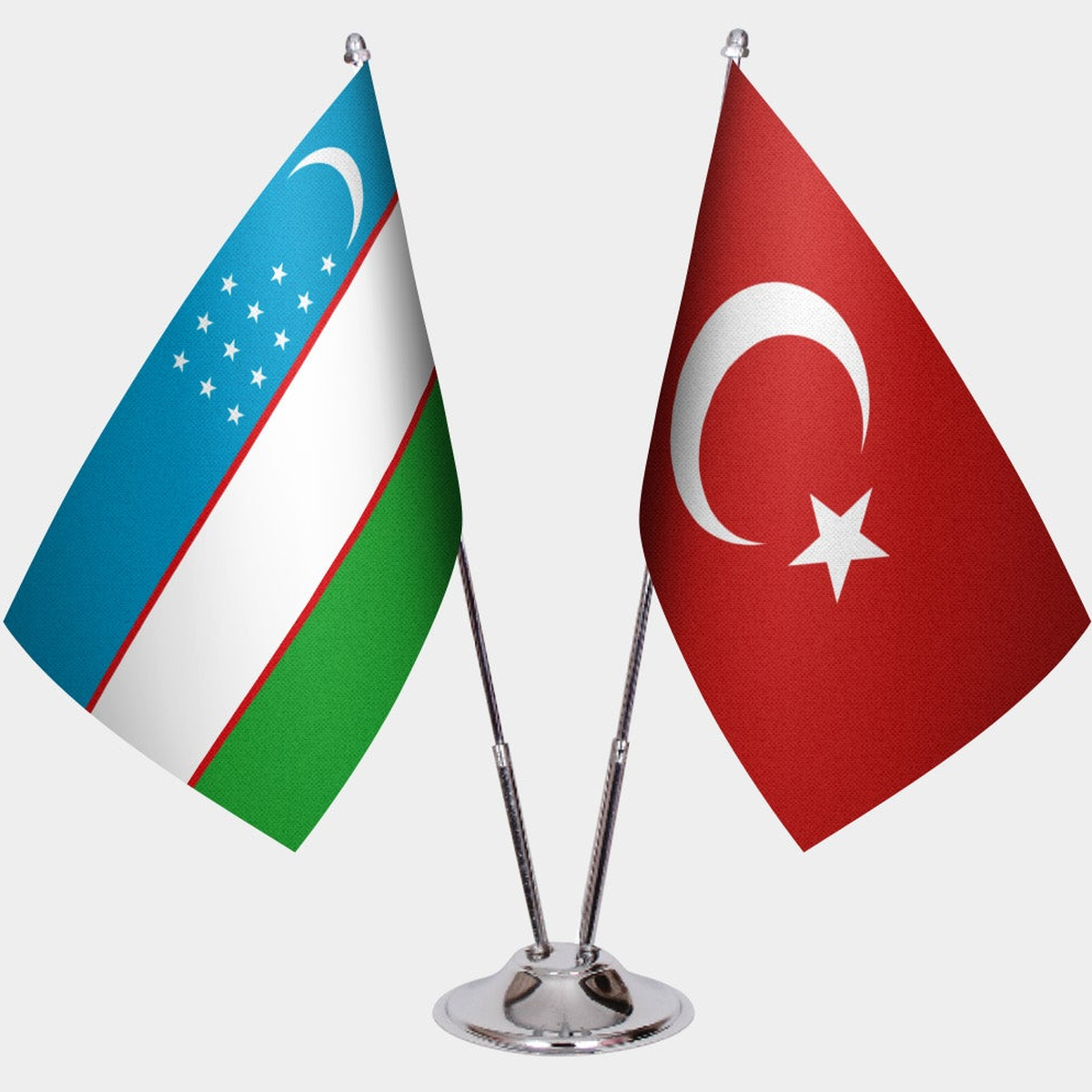 Uzbekistan and Türkiye dual desk flag set with chrome silver pedestal, satin office table flag