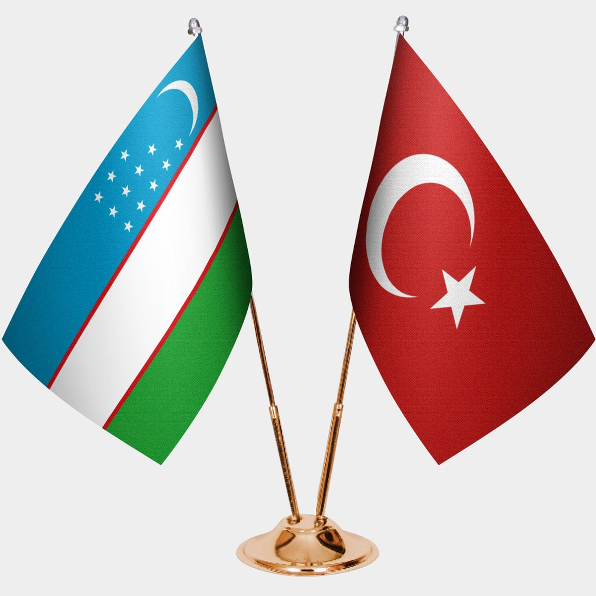 Uzbekistan and Türkiye dual desk flag set with gold pedestal, satin office table flag