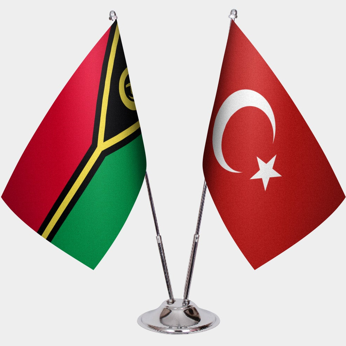 Vanuatu and Türkiye dual desk flag set with chrome silver pedestal, satin office table flag