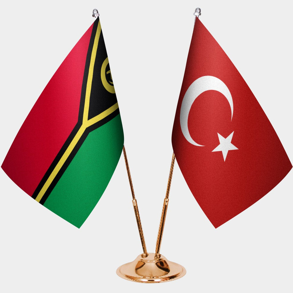 Vanuatu and Türkiye dual desk flag set with gold pedestal, satin office table flag