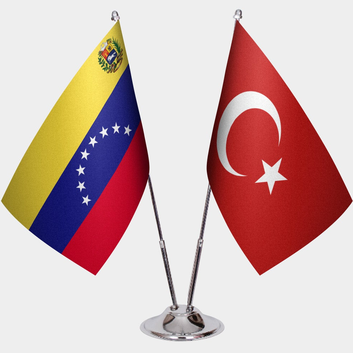 Venezuela and Türkiye dual desk flag set with chrome silver pedestal, satin office table flag