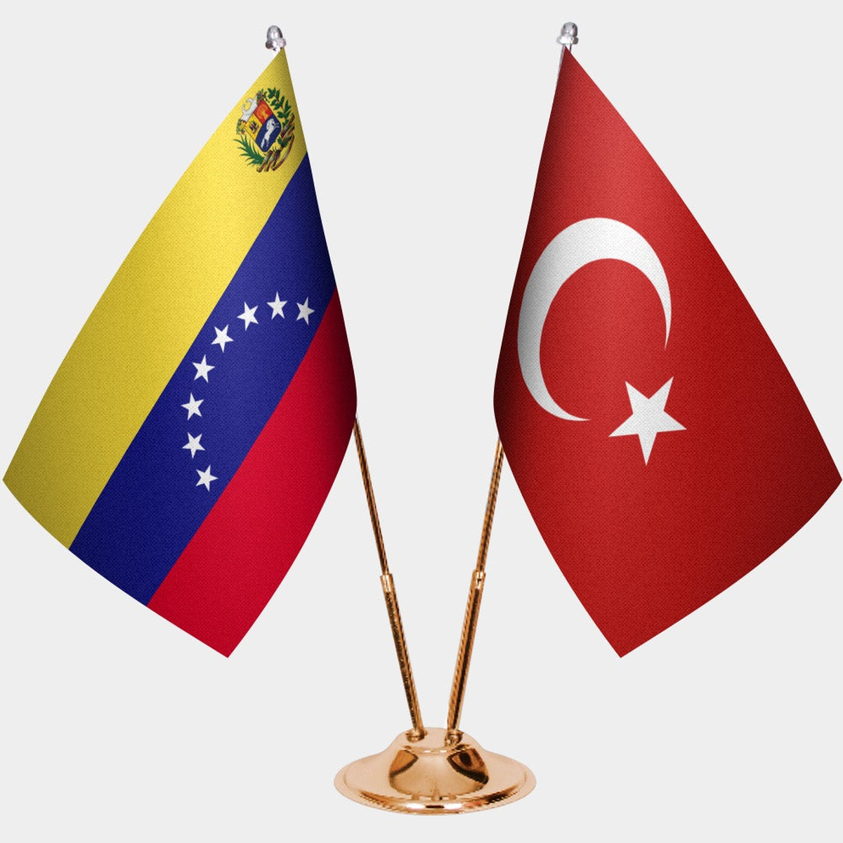 Venezuela and Türkiye dual desk flag set with gold pedestal, satin office table flag
