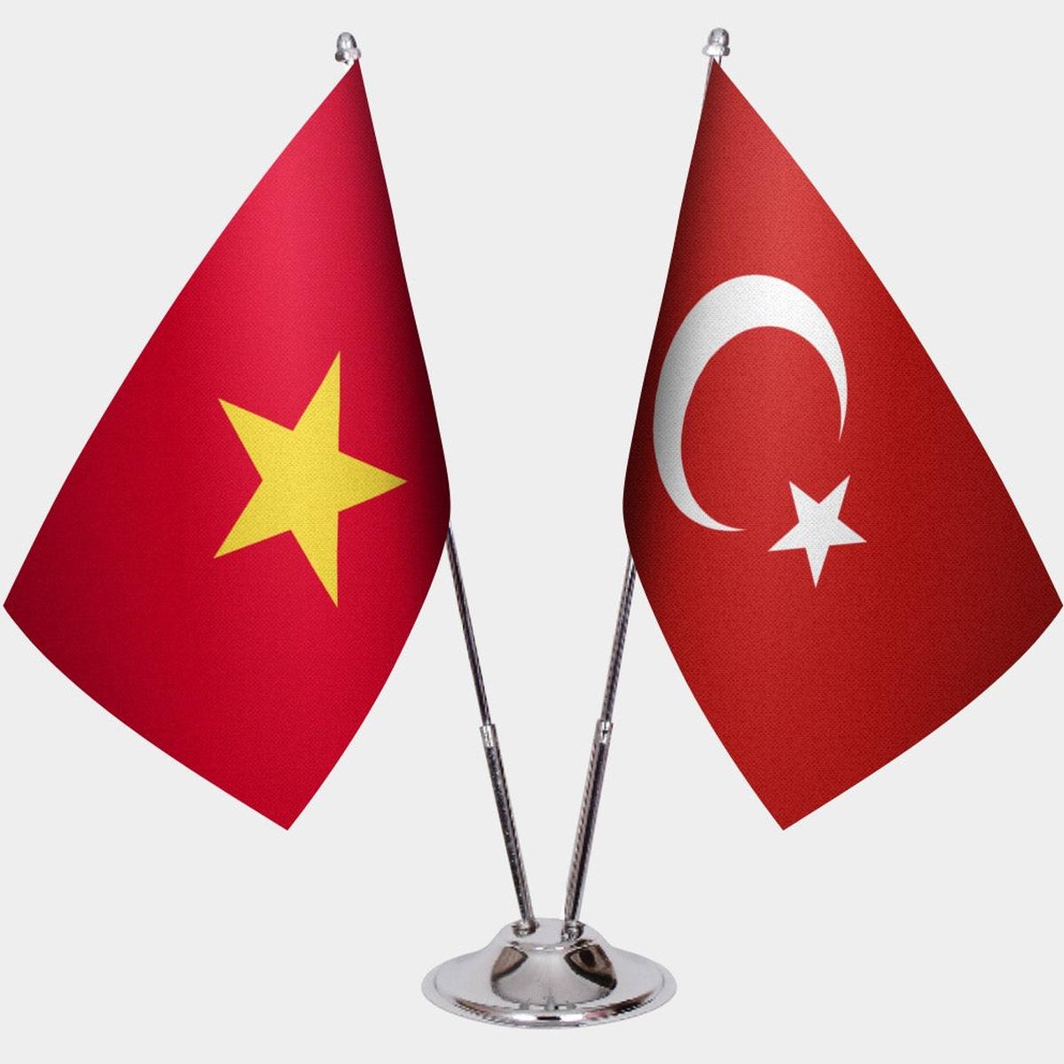 Vietnam and Türkiye dual desk flag set with chrome silver pedestal, satin office table flag