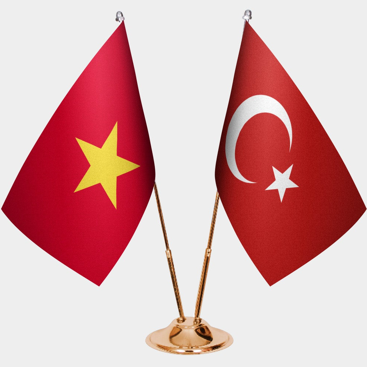 Vietnam and Türkiye dual desk flag set with gold pedestal, satin office table flag