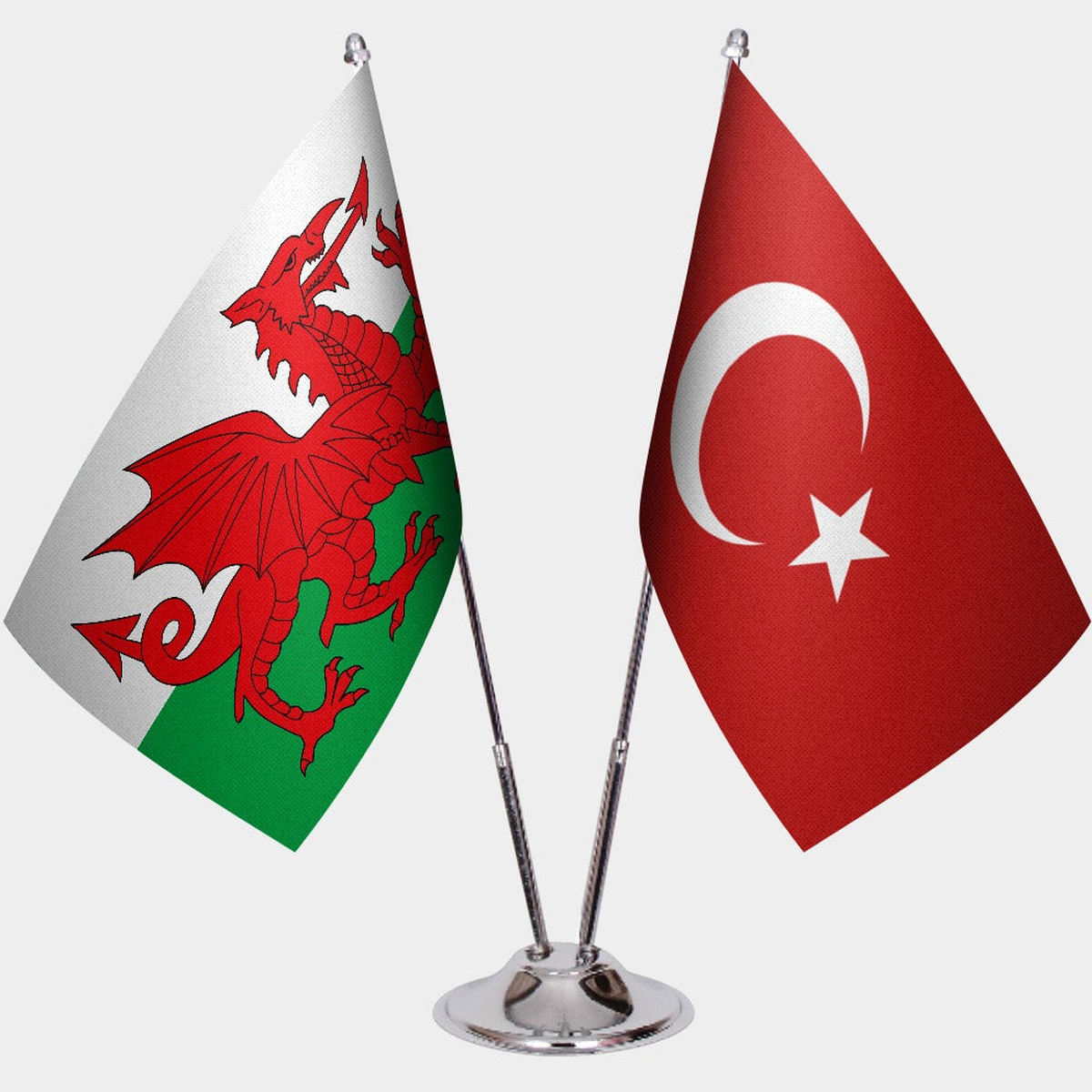 Wales and Türkiye dual desk flag set with chrome silver pedestal, satin office table flag