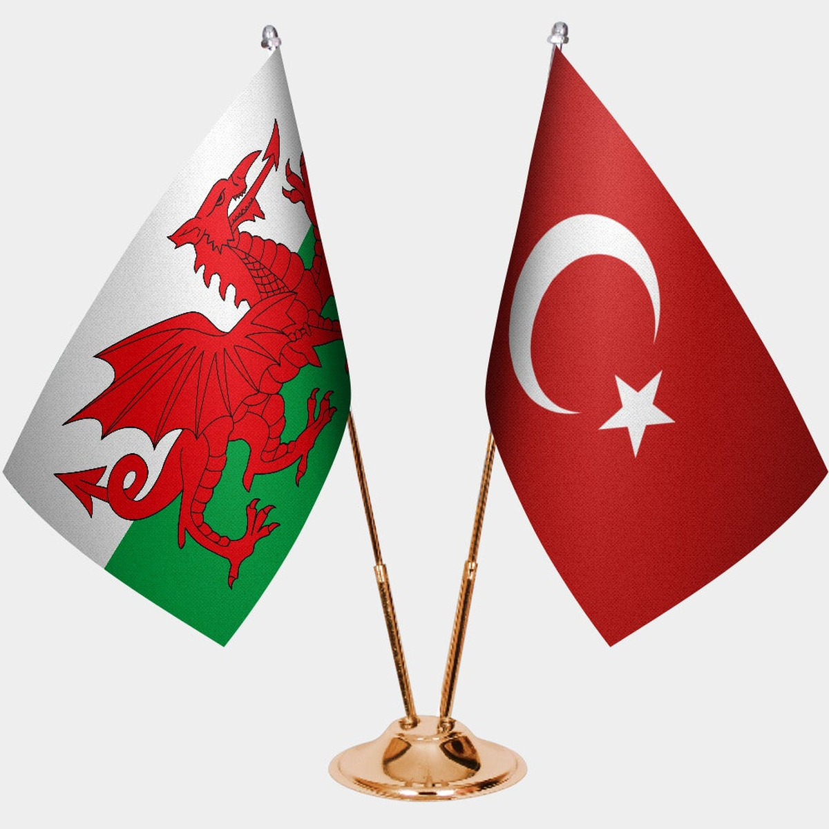 Wales and Türkiye dual desk flag set with gold pedestal, satin office table flag