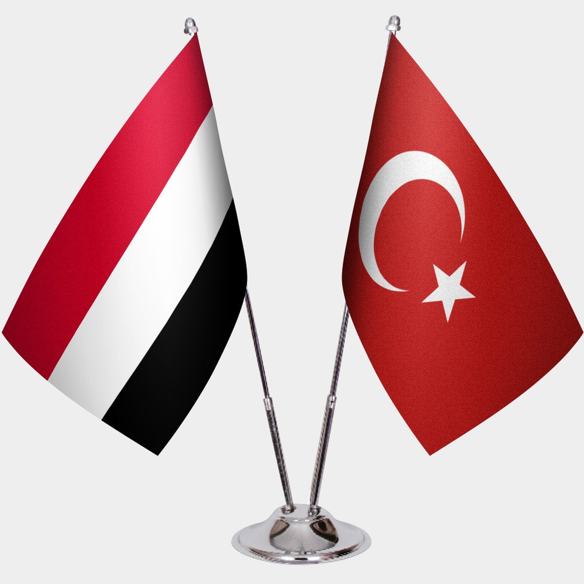 Yemen and Türkiye dual desk flag set with chrome silver pedestal, satin office table flag