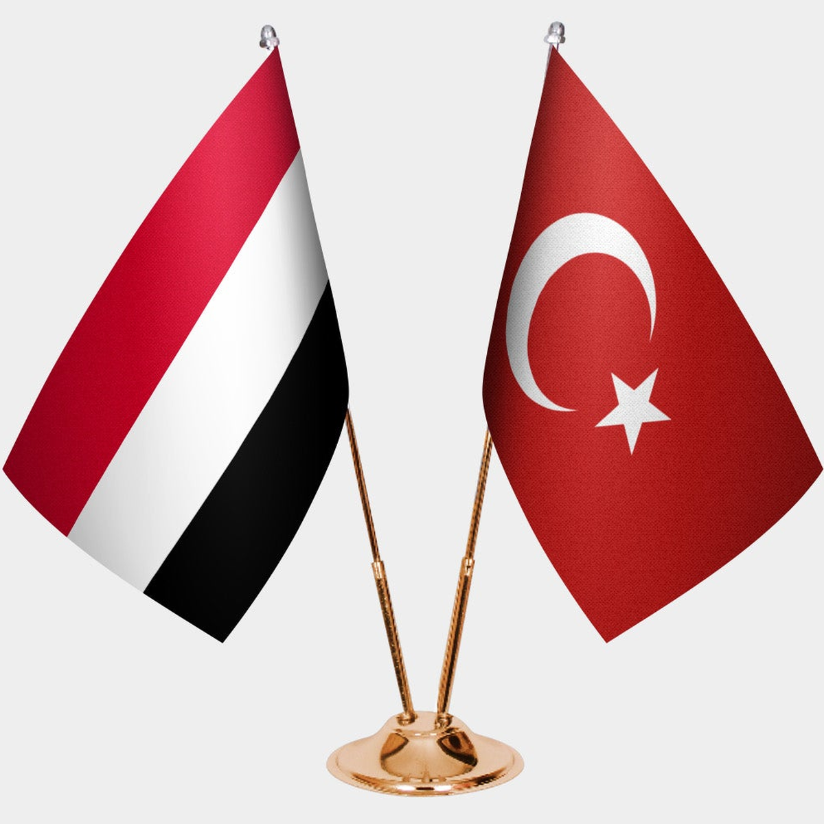 Yemen and Türkiye dual desk flag set with gold pedestal, satin office table flag