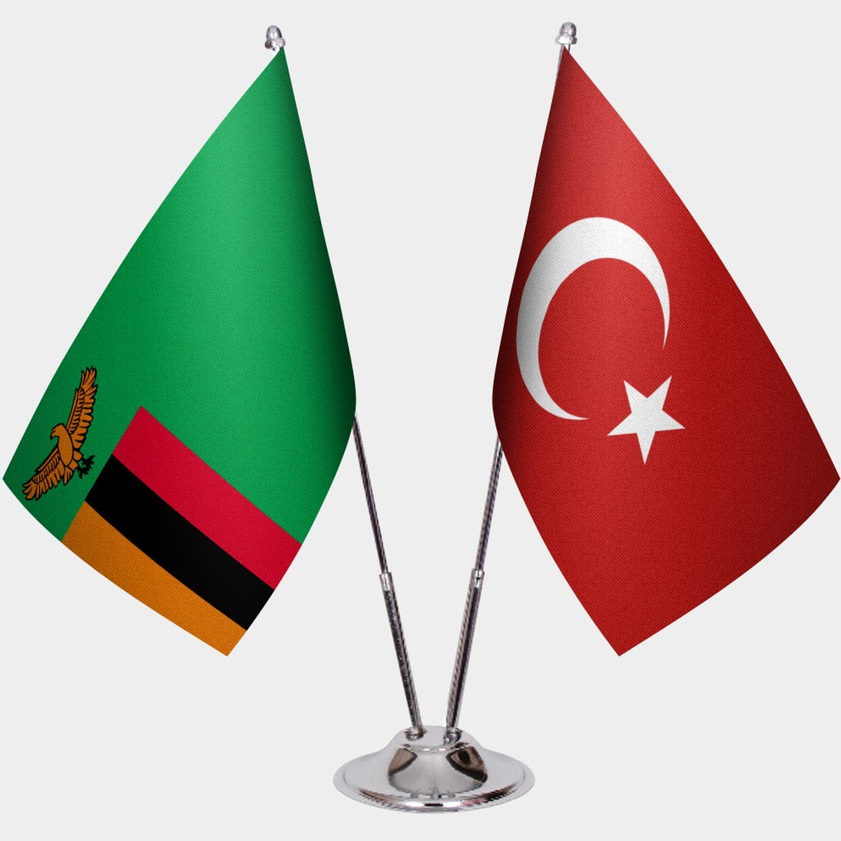 Zambia and Türkiye dual desk flag set with chrome silver pedestal, satin office table flag