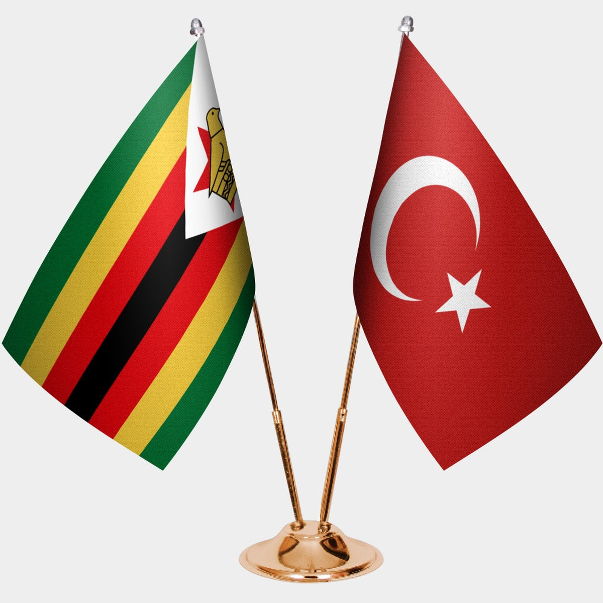 Zimbabwe and Türkiye dual desk flag set with gold pedestal, satin office table flag
