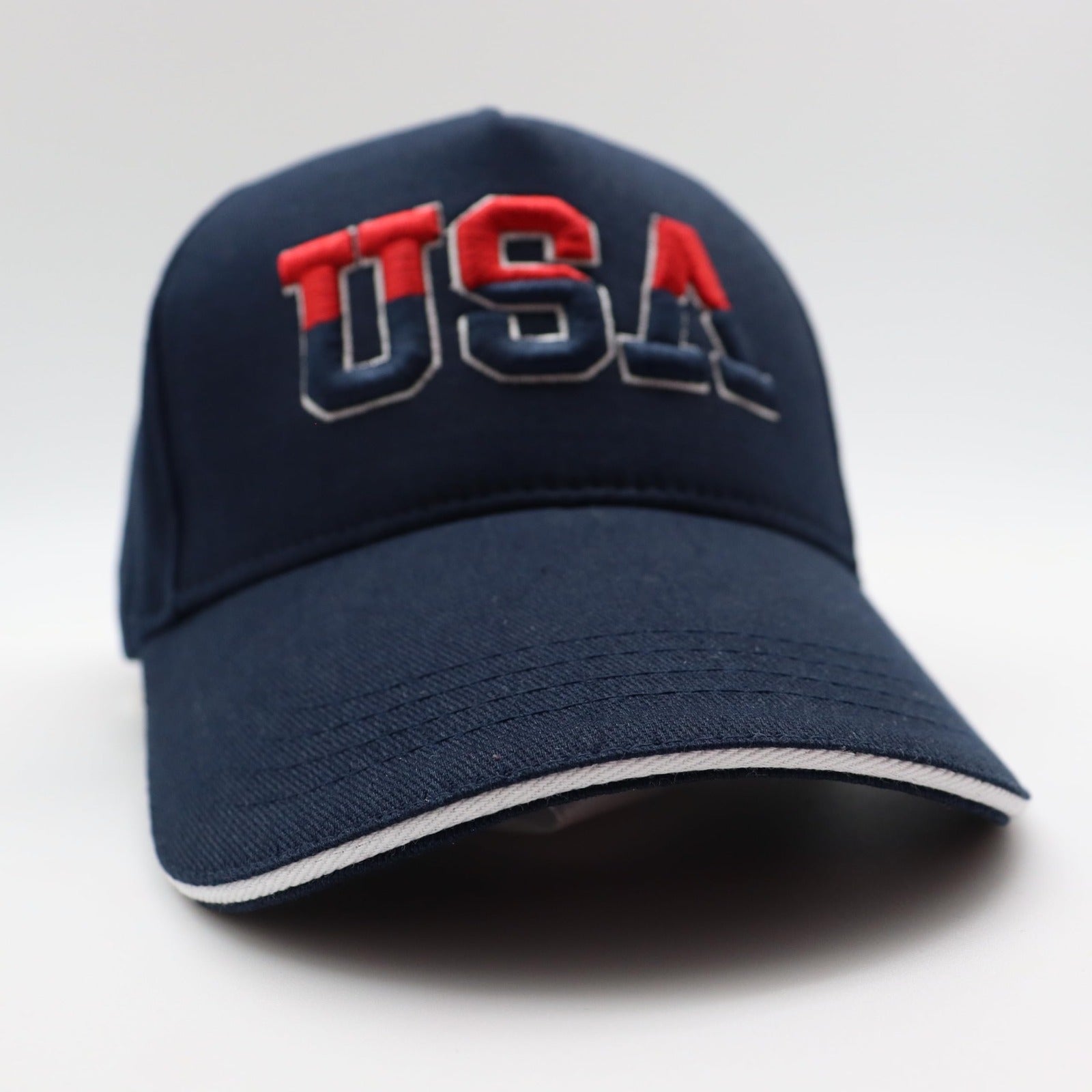 USA flag baseball cap with white brim trim