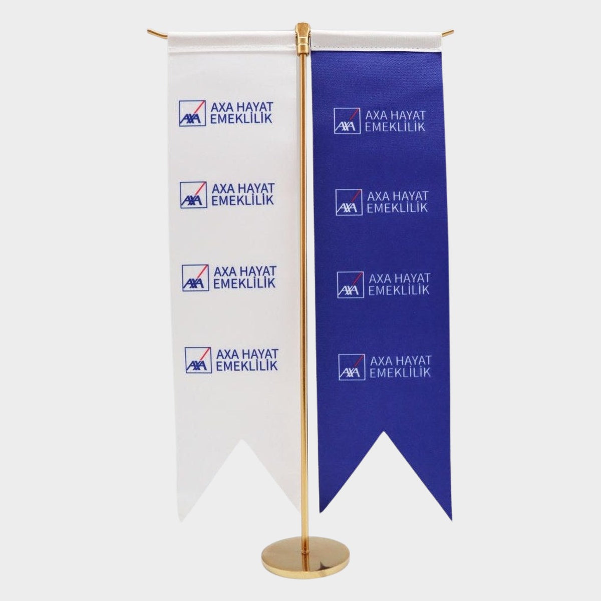 Logo Printed Swallowtail T-Shaped Desk Flag with gold poles, 8 × 32 cm flags on a weighted base (1)