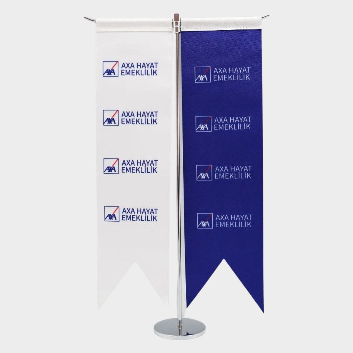 Logo Printed Swallowtail T-Shaped Desk Flag with chrome poles, 8 × 32 cm flags on a weighted base (1)