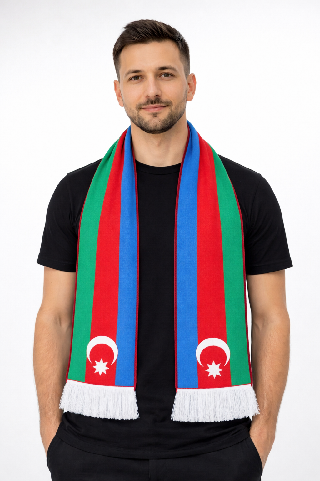Azerbaijan Flag Tasseled Woven Scarf — 20×153 cm