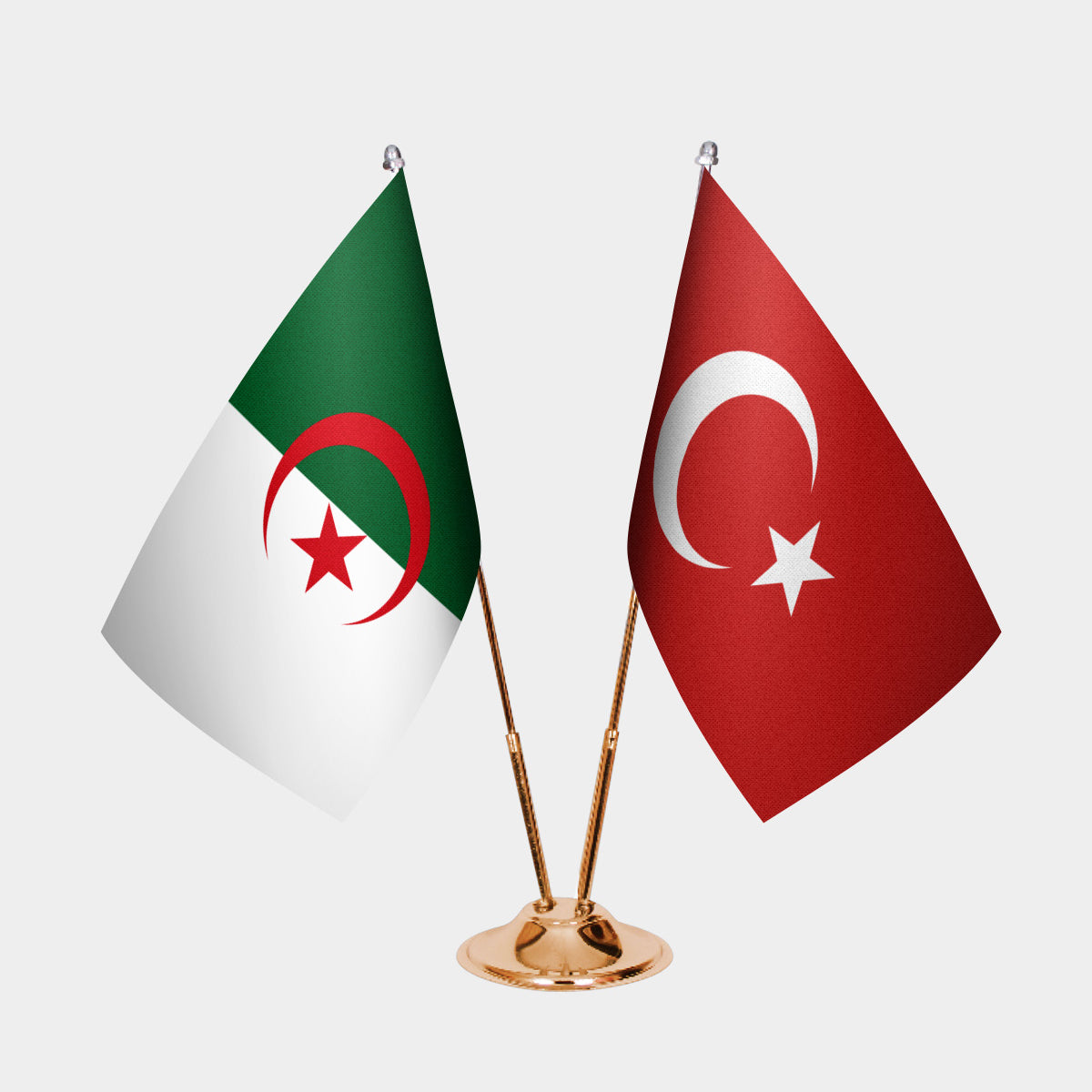 Algeria and Turkey desk flag set with gold pole and base