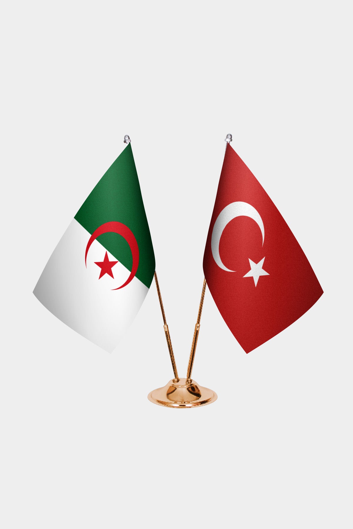 Algeria and Turkey desk flag set with gold pole and base