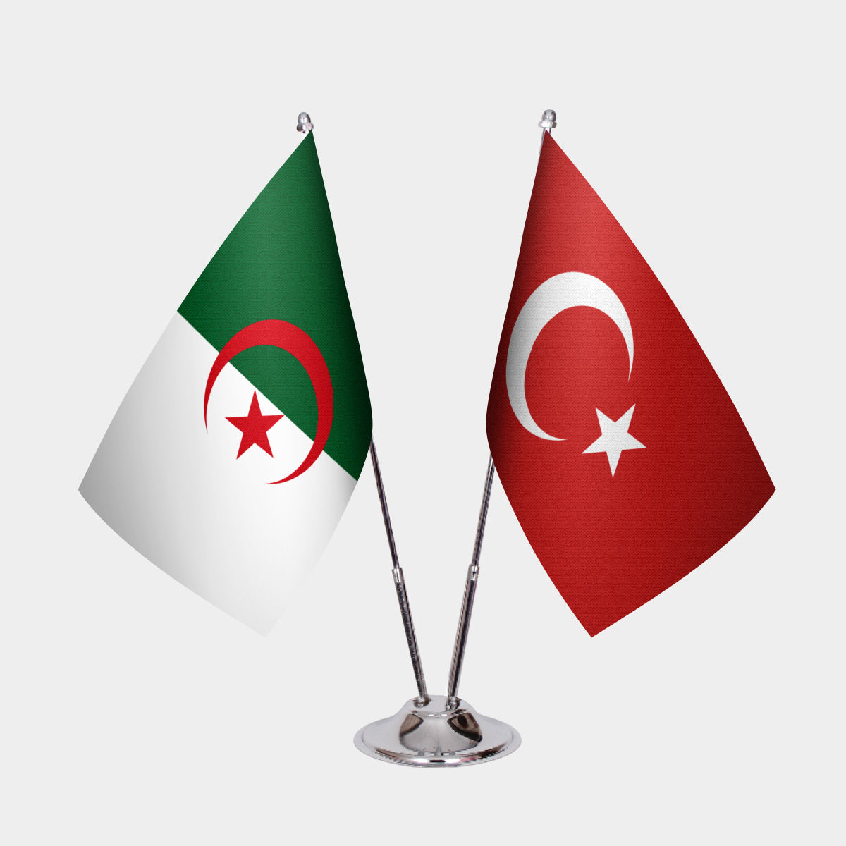 Algeria and Turkey desk flag set with chrome pole and base