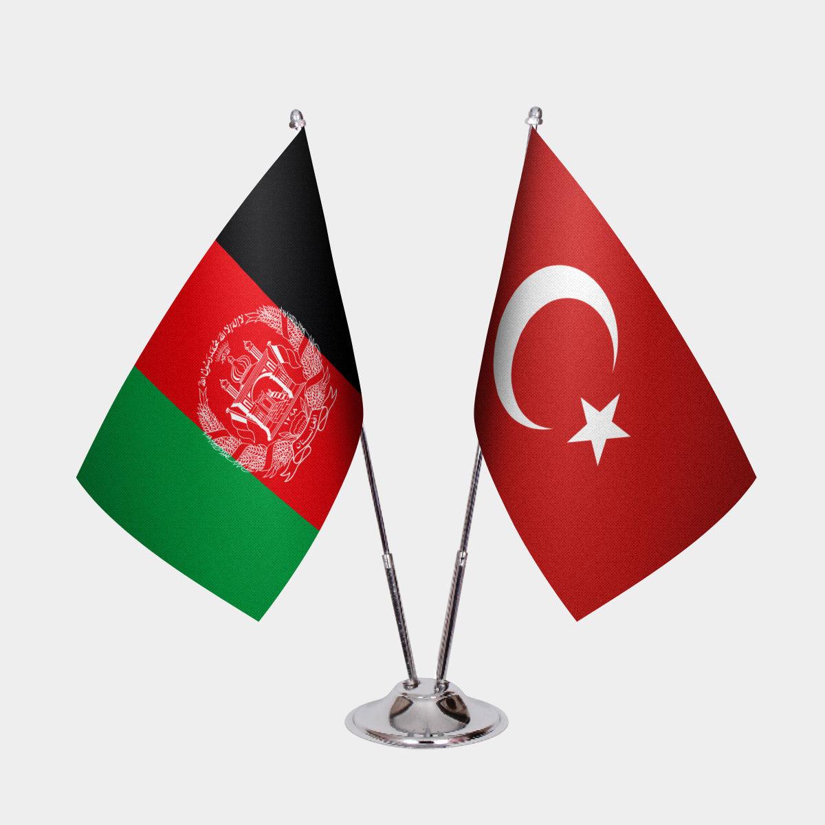 Afghanistan and Turkey desk flag set with chrome pole and base