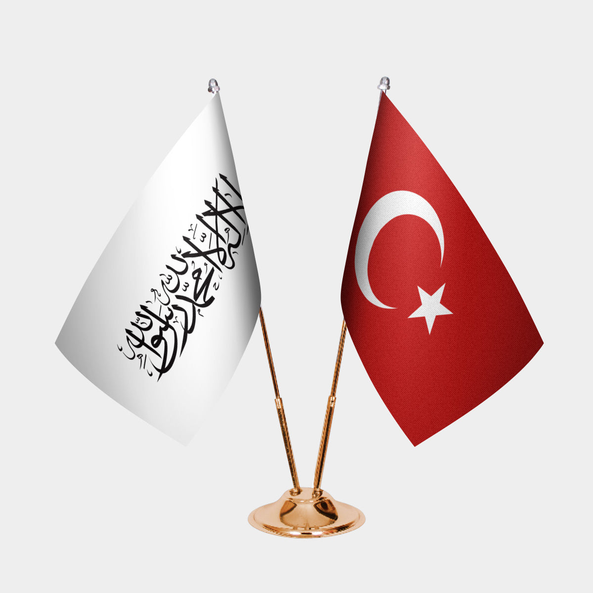 Afghanistan (New Flag) and Turkey desk flag set with gold pole and base