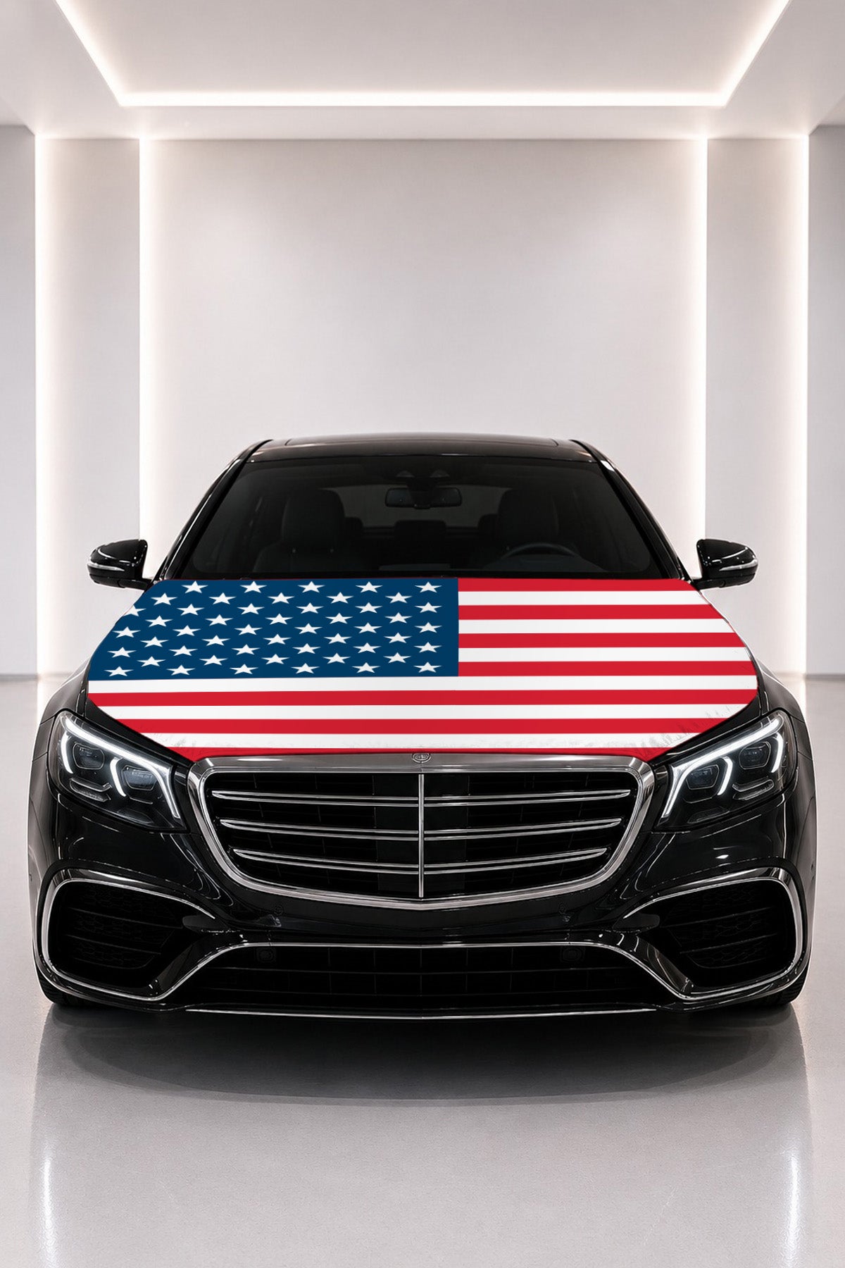 United States flag car hood cover fitted on a black car bonnet