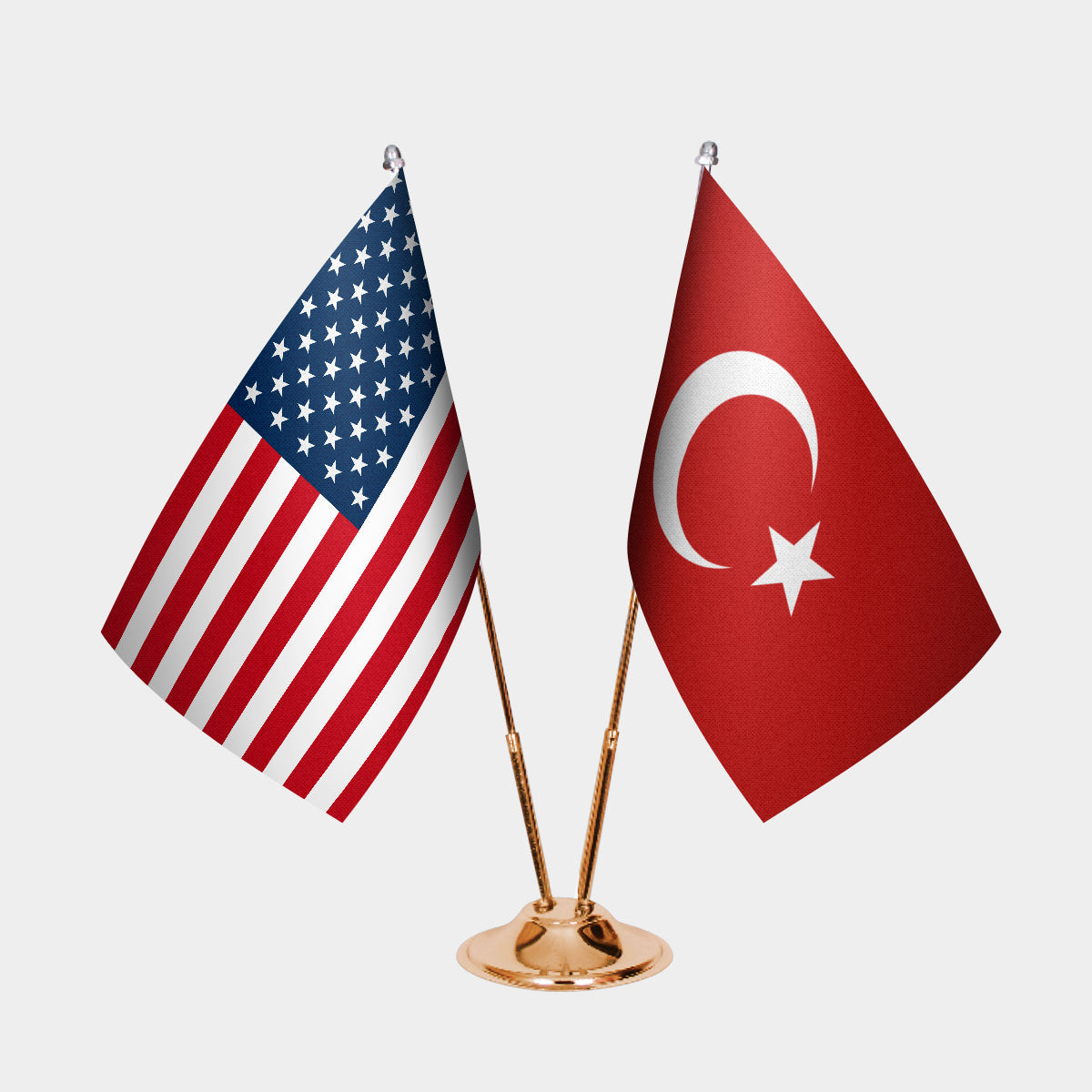 United States and Turkey desk flag set with gold pole and base