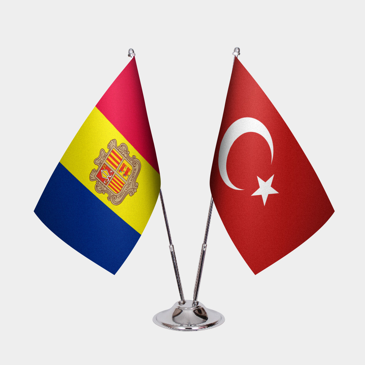 Andorra and Turkey desk flag set with chrome pole and base