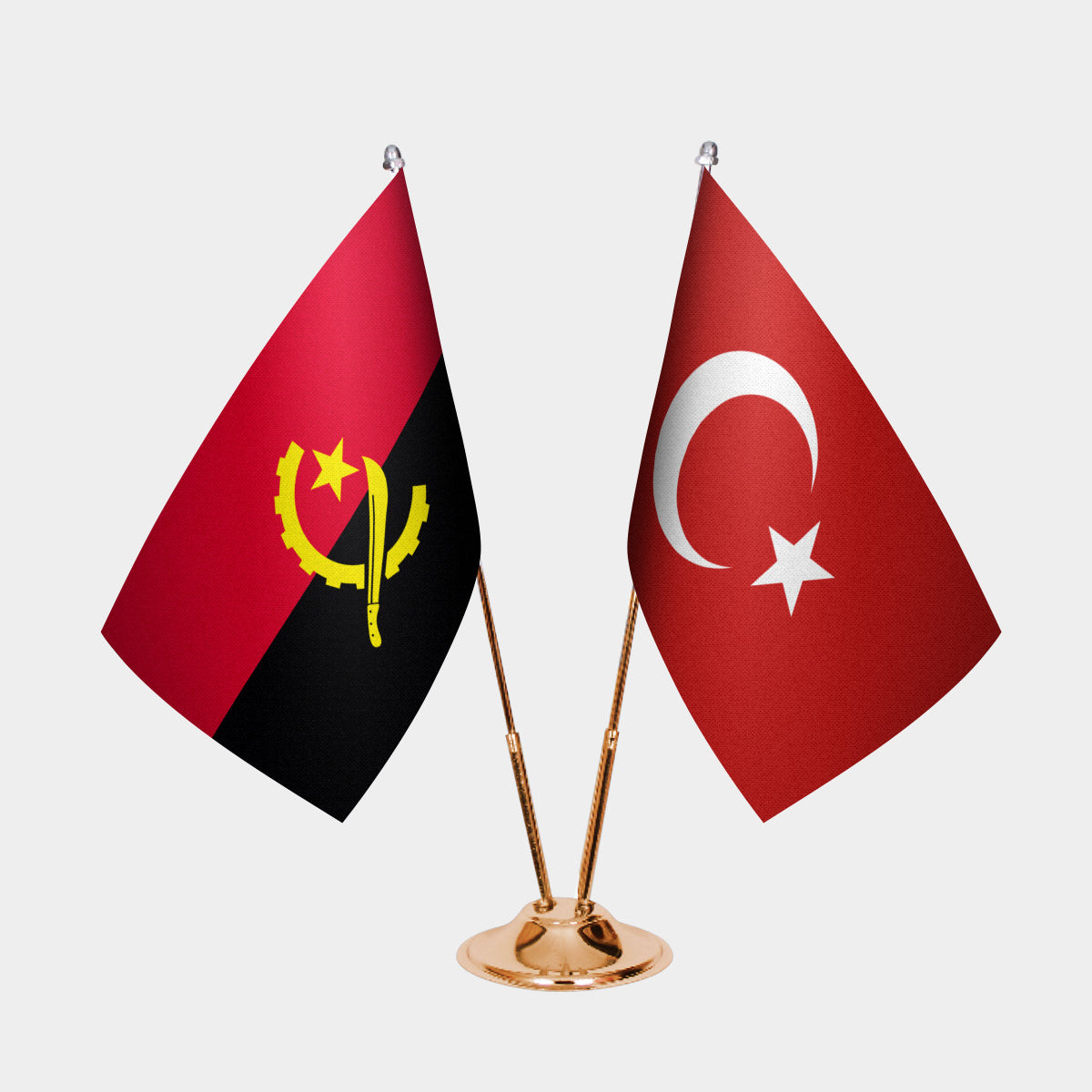 Angola and Turkey desk flag set with gold pole and base