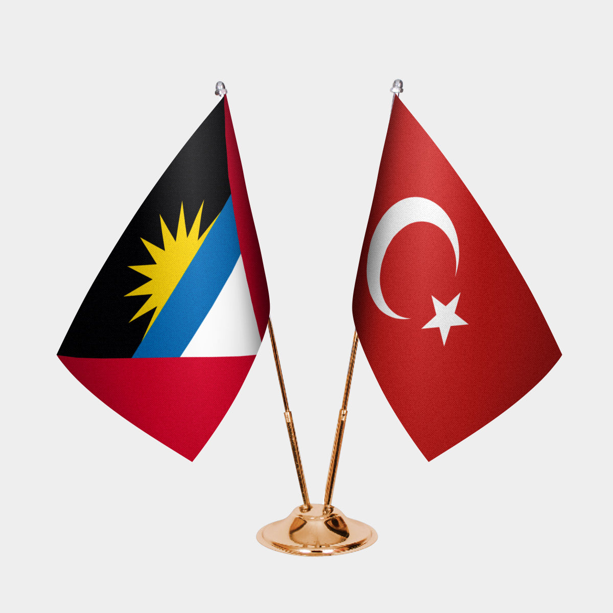 Antigua & Barbuda and Turkey desk flag set with gold pole and base