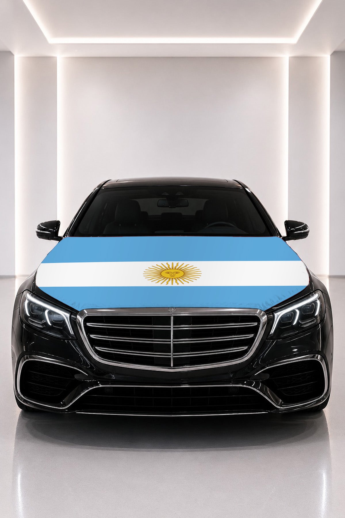 Argentina flag car hood cover fitted on a black car bonnet