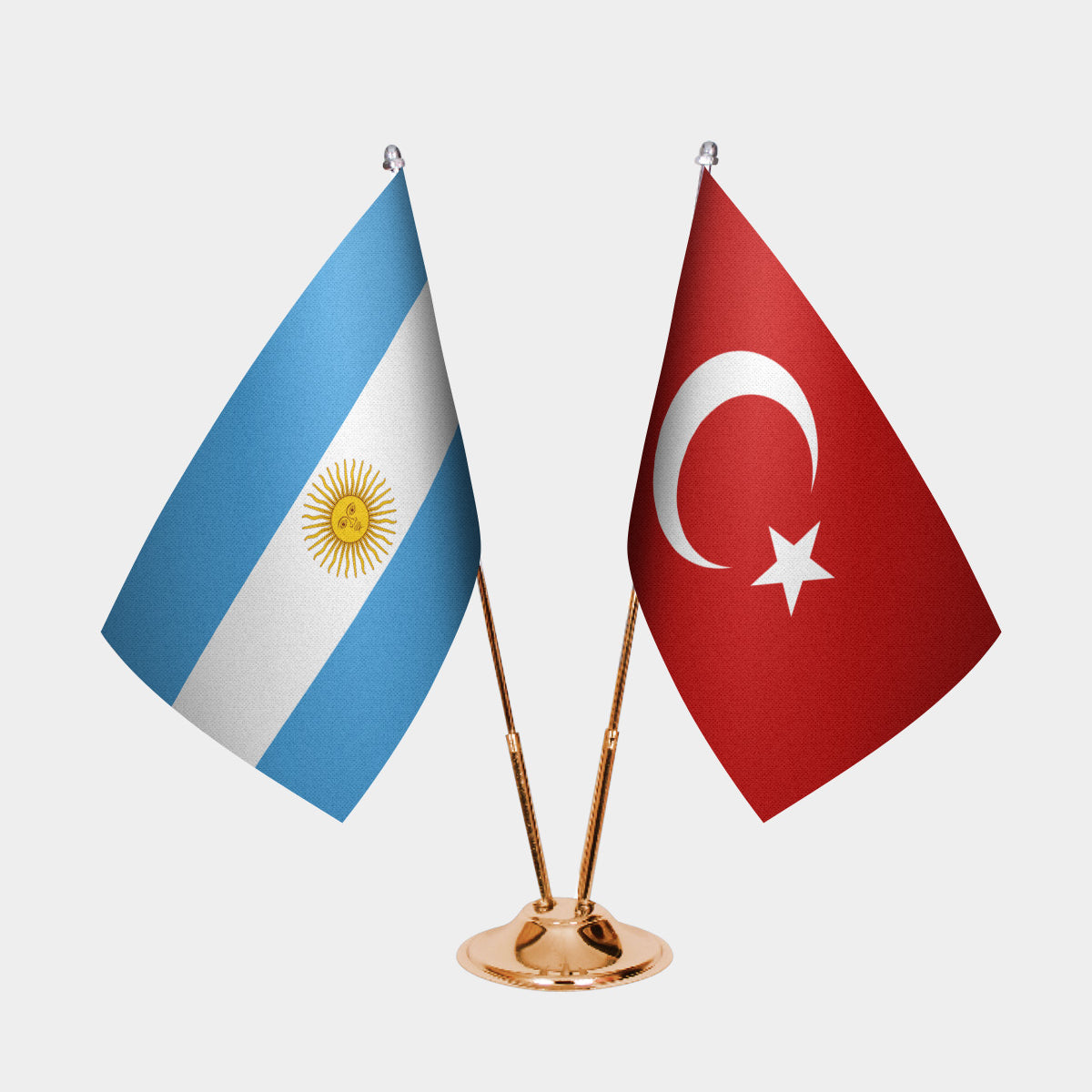 Argentina and Turkey desk flag set with gold pole and base