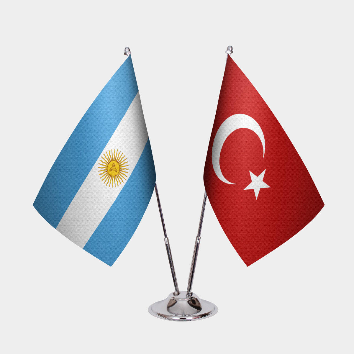 Argentina and Turkey desk flag set with chrome pole and base