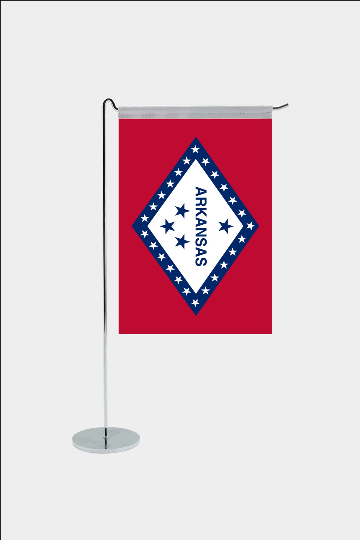 Arkansas state desk flag with chrome L-shaped stand - premium double-layer satin office flag