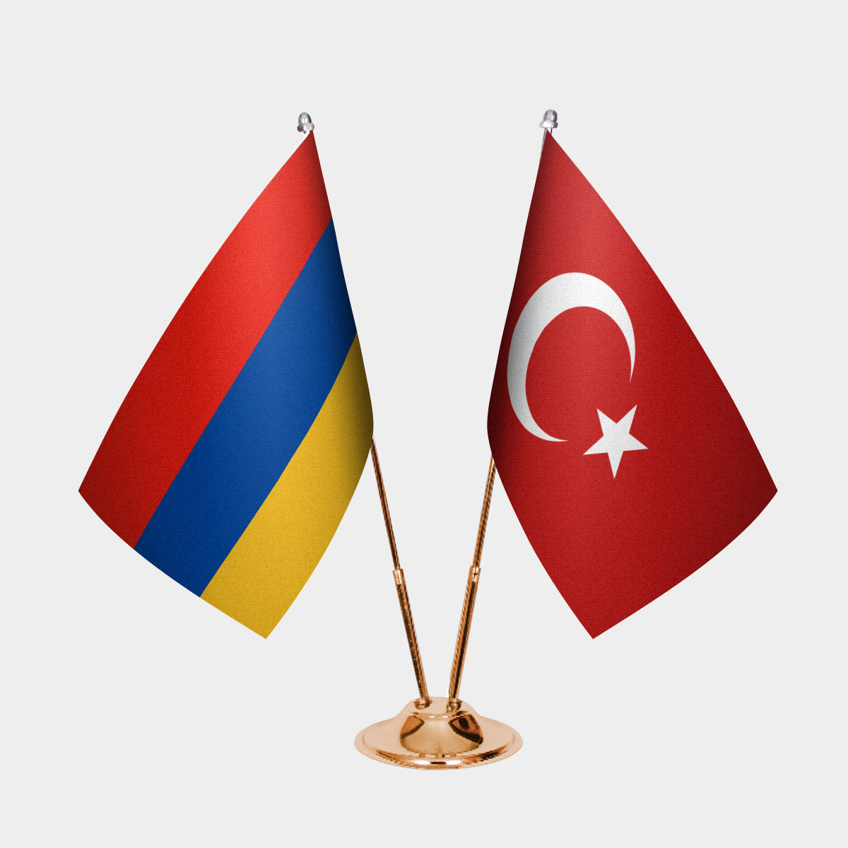 Armenia and Turkey desk flag set with gold pole and base