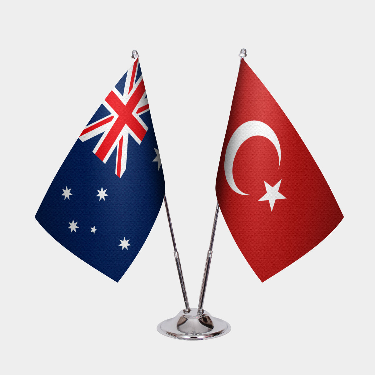 Australia and Turkey desk flag set with chrome pole and base