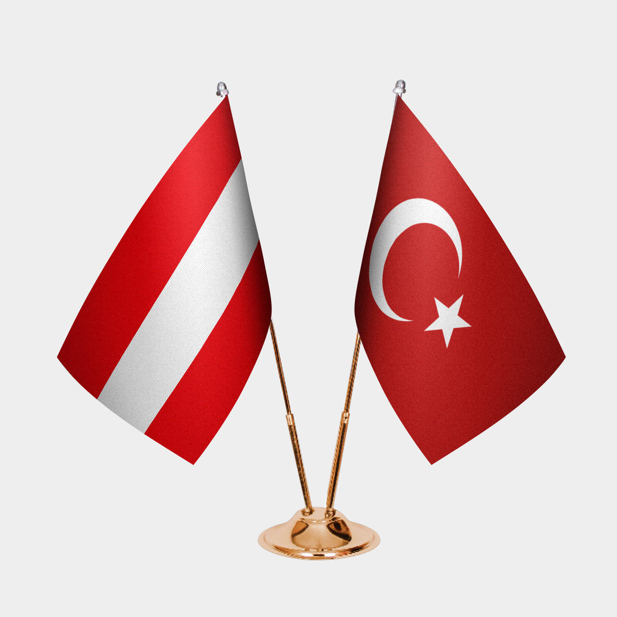 Austria and Turkey desk flag set with gold pole and base