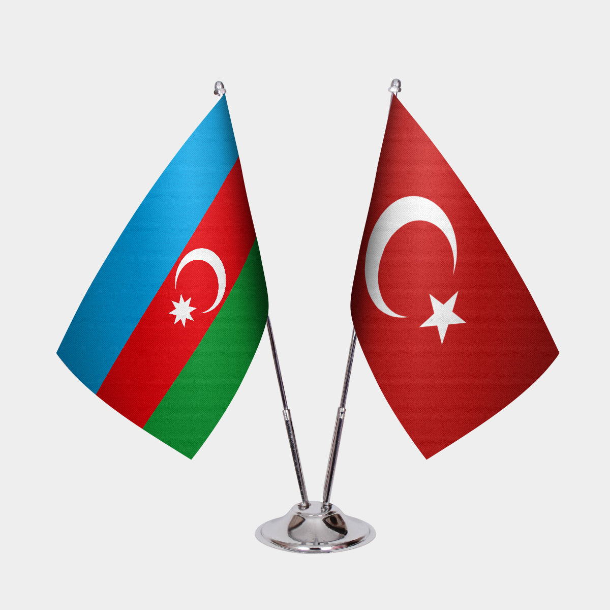 Azerbaijan and Turkey desk flag set with chrome pole and base