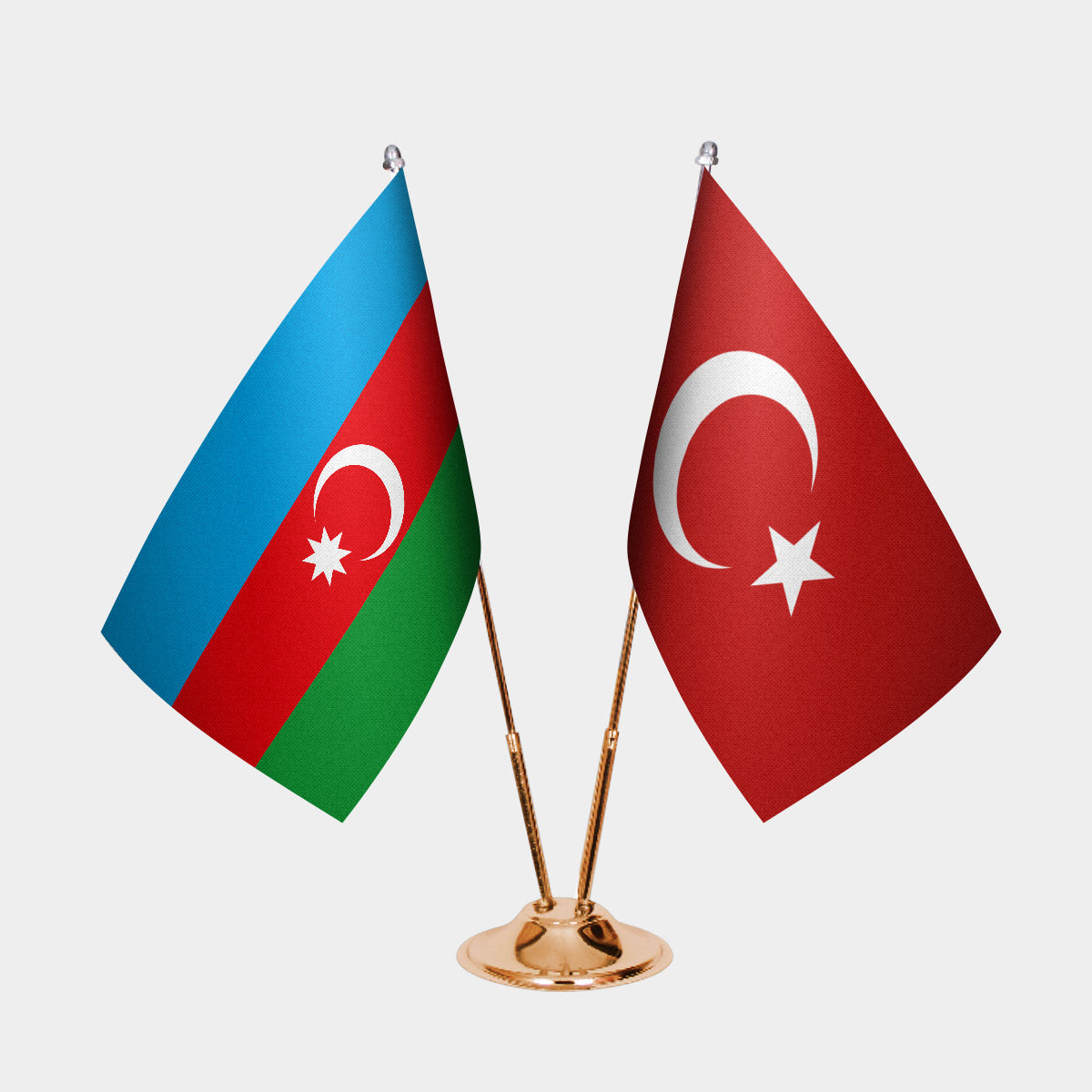 Azerbaijan and Turkey desk flag set with gold pole and base