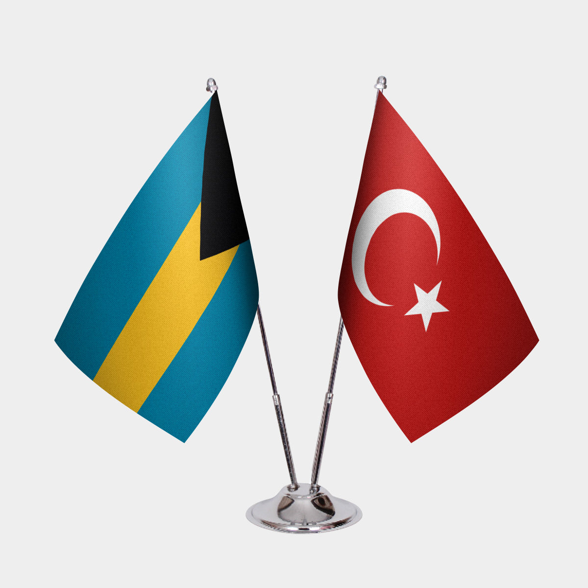 Bahamas and Turkey desk flag set with chrome pole and base