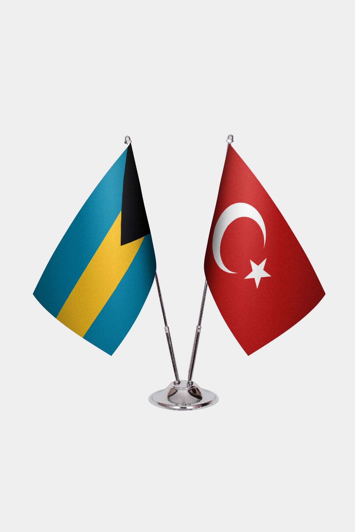 Bahamas and Turkey desk flag set with chrome pole and base