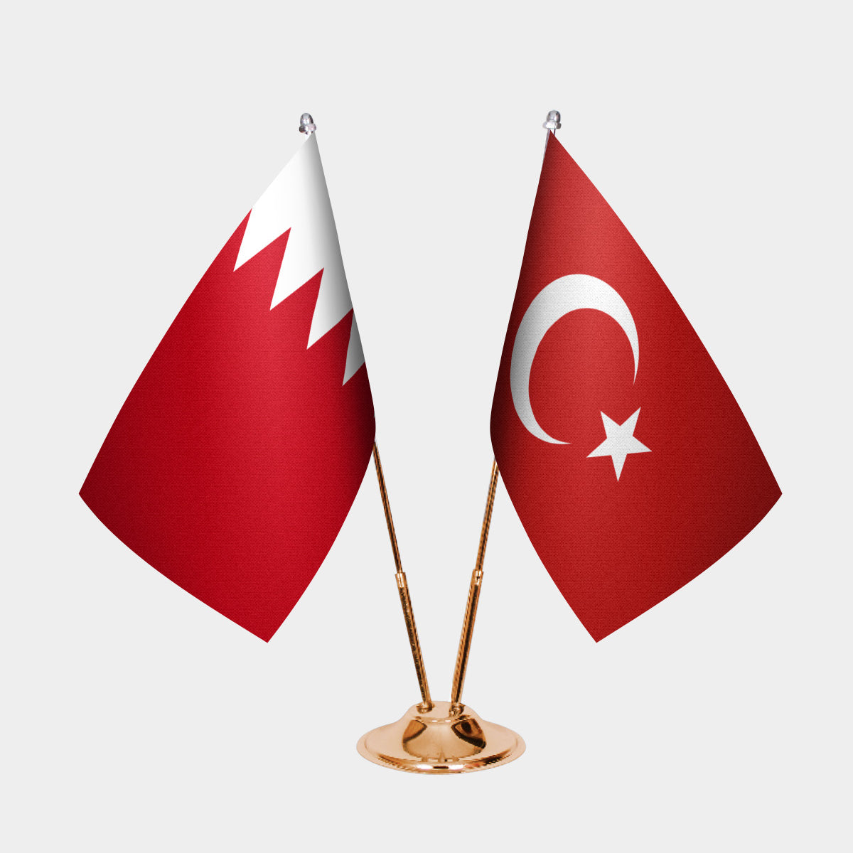 Bahrain and Turkey desk flag set with gold pole and base